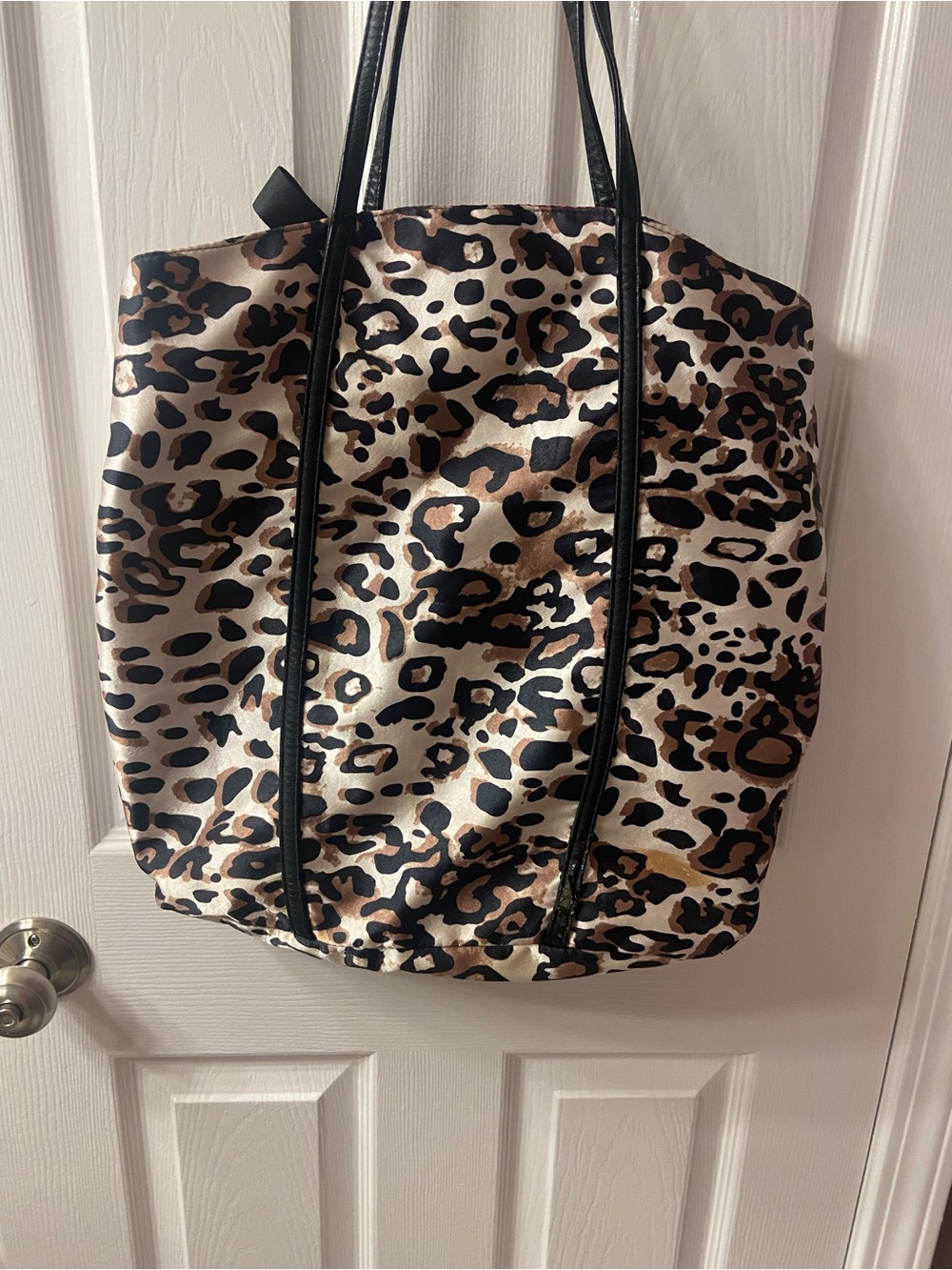 Chico's Leopard-Print Satin Tote with Black Trim and Red Lining - Picture 2 of 7